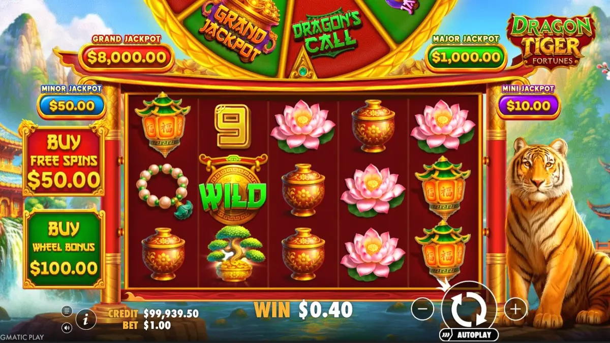 Tampilan visual slot Dragon Tiger Fortunes dengan nuansa oriental yang cerah.