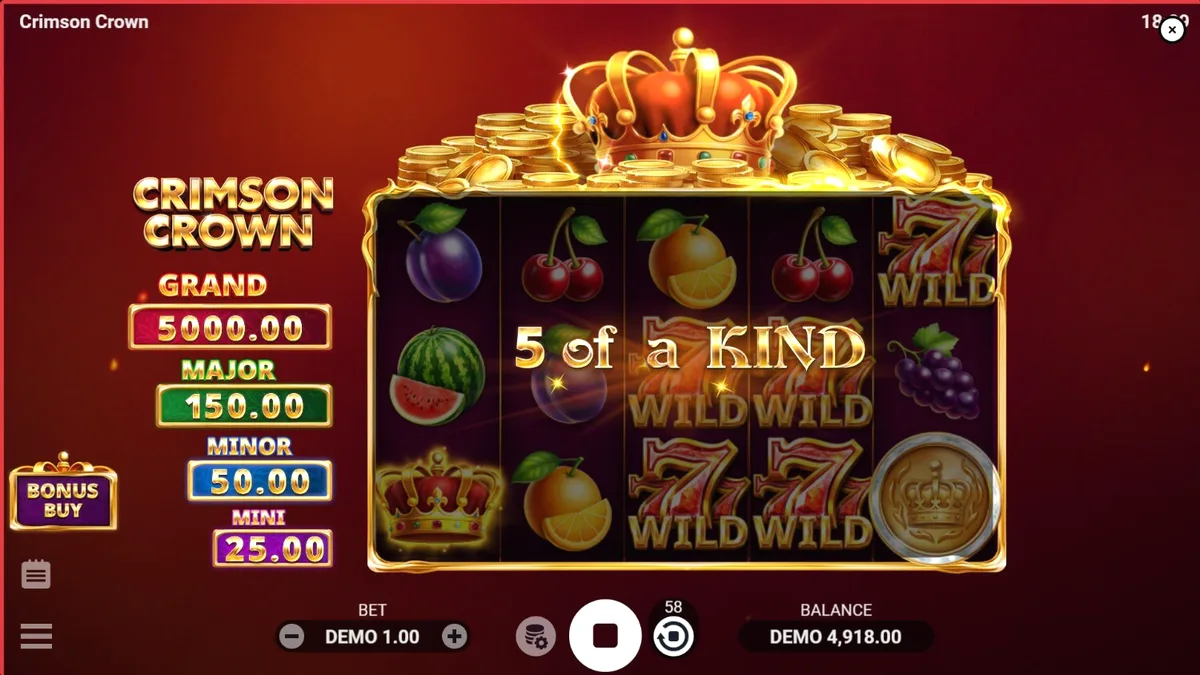 Tampilan visual slot Crimson Crown dengan tema buah mewah dan mahkota emas